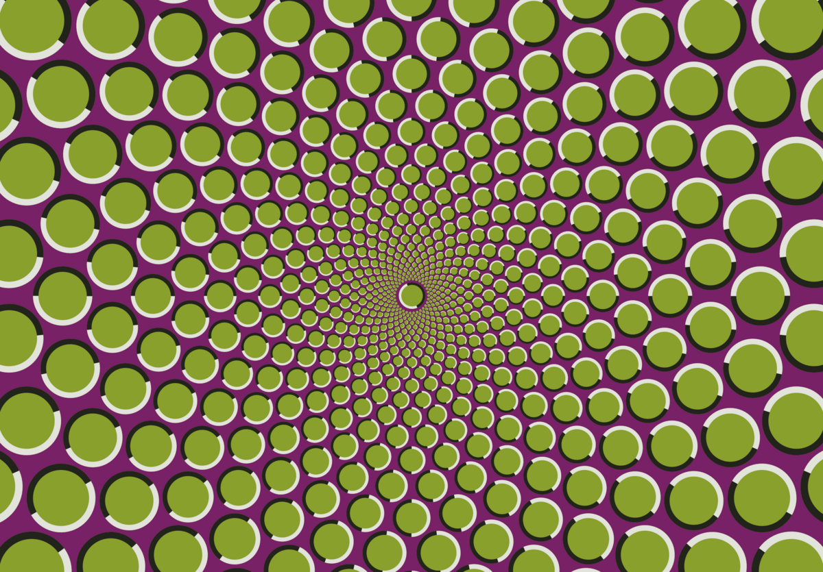 An optical illusion features a spiral arrangement of green circles with white and purple segments, creating an impression of motion or depth. The circles are arranged concentrically, becoming smaller towards the center.
