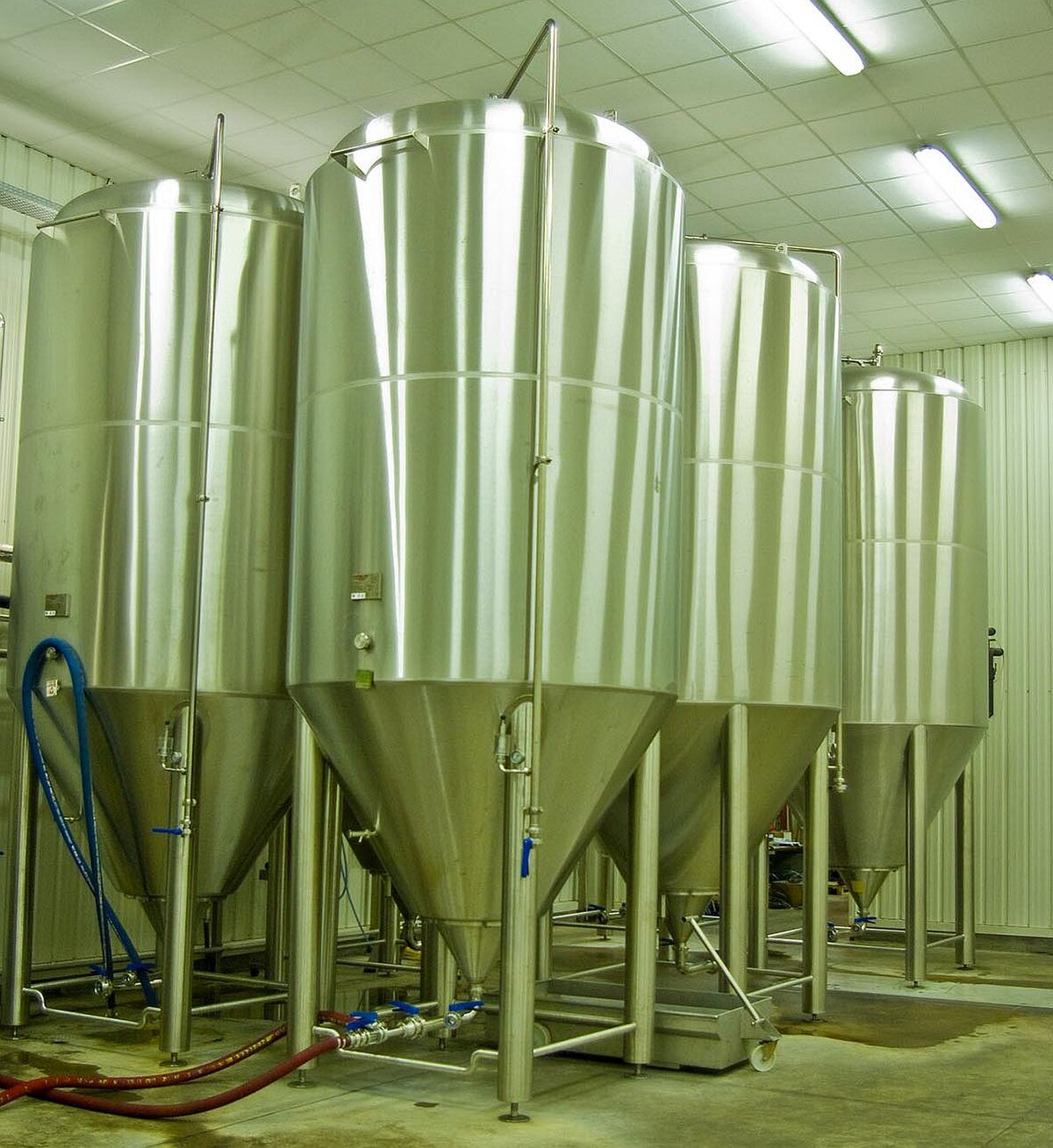 Several large, conical stainless steel fermentation tanks are arranged in a clean industrial setting, used for brewing beer with yeast. Pipes, valves, and other industrial equipment are visible around the tanks.