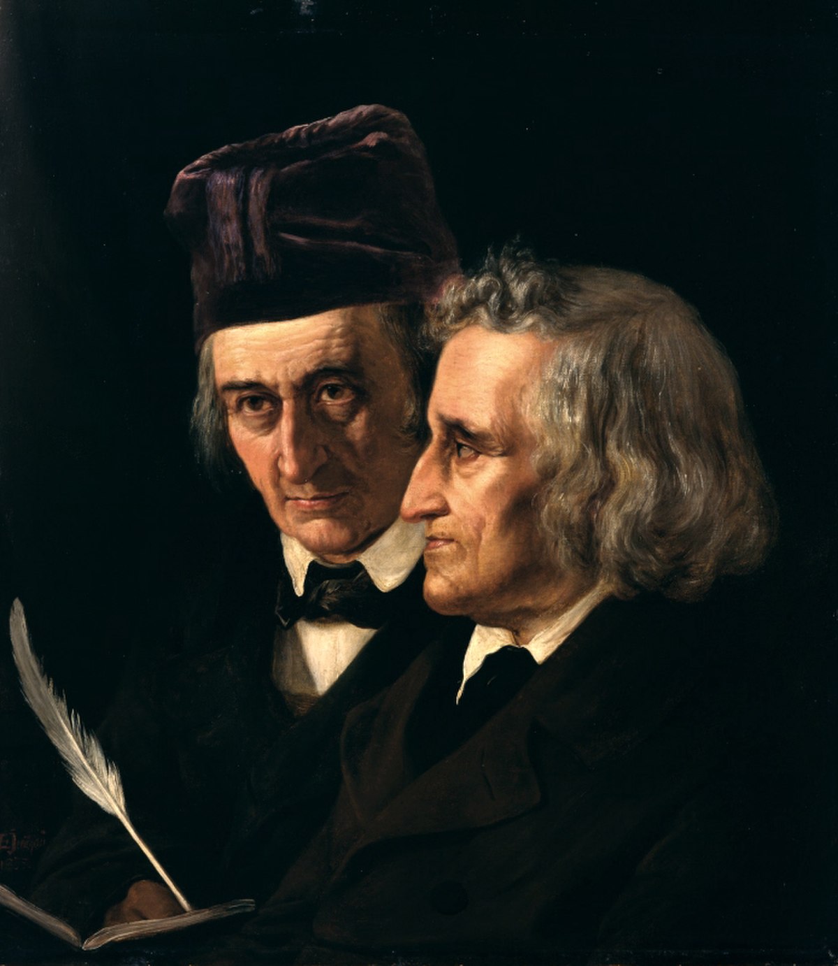 1855 painting by Elisabeth Jerichau-Baumann depicting Wilhelm Grimm (left) and Jacob Grimm (right). Wilhelm is shown looking forward, while Jacob is in profile, holding a quill and book.