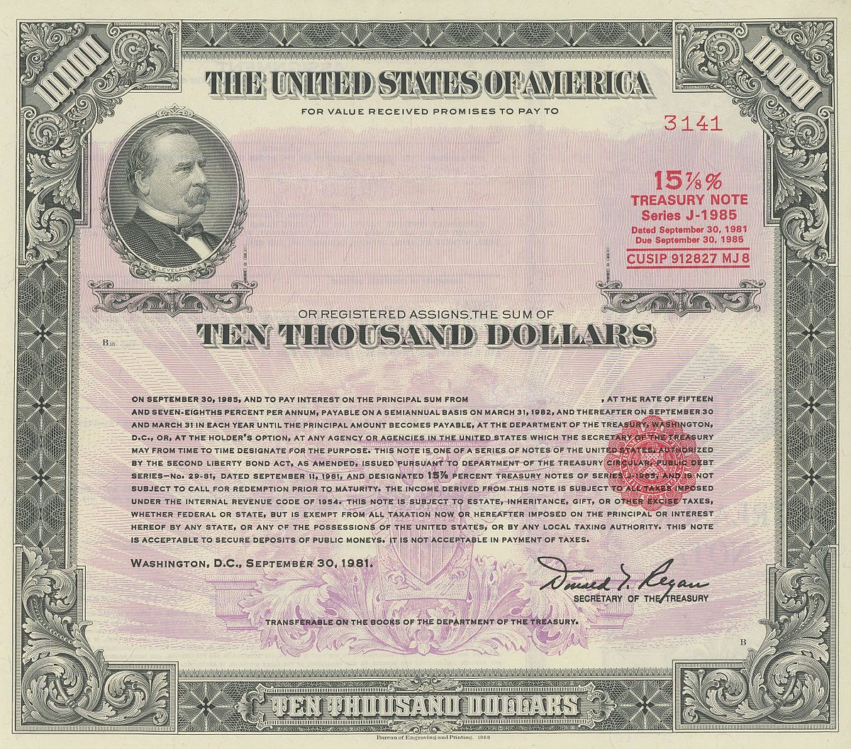 Front of a 1981 $10,000 United States Treasury Note with a 15.875% interest rate, featuring a portrait of Grover Cleveland on the left. The note specifies "THE UNITED STATES OF AMERICA", "TEN THOUSAND DOLLARS", "TREASURY NOTE Series J-1985", "Dated September 30, 1981", and "CUSIP 912827 MJ8".