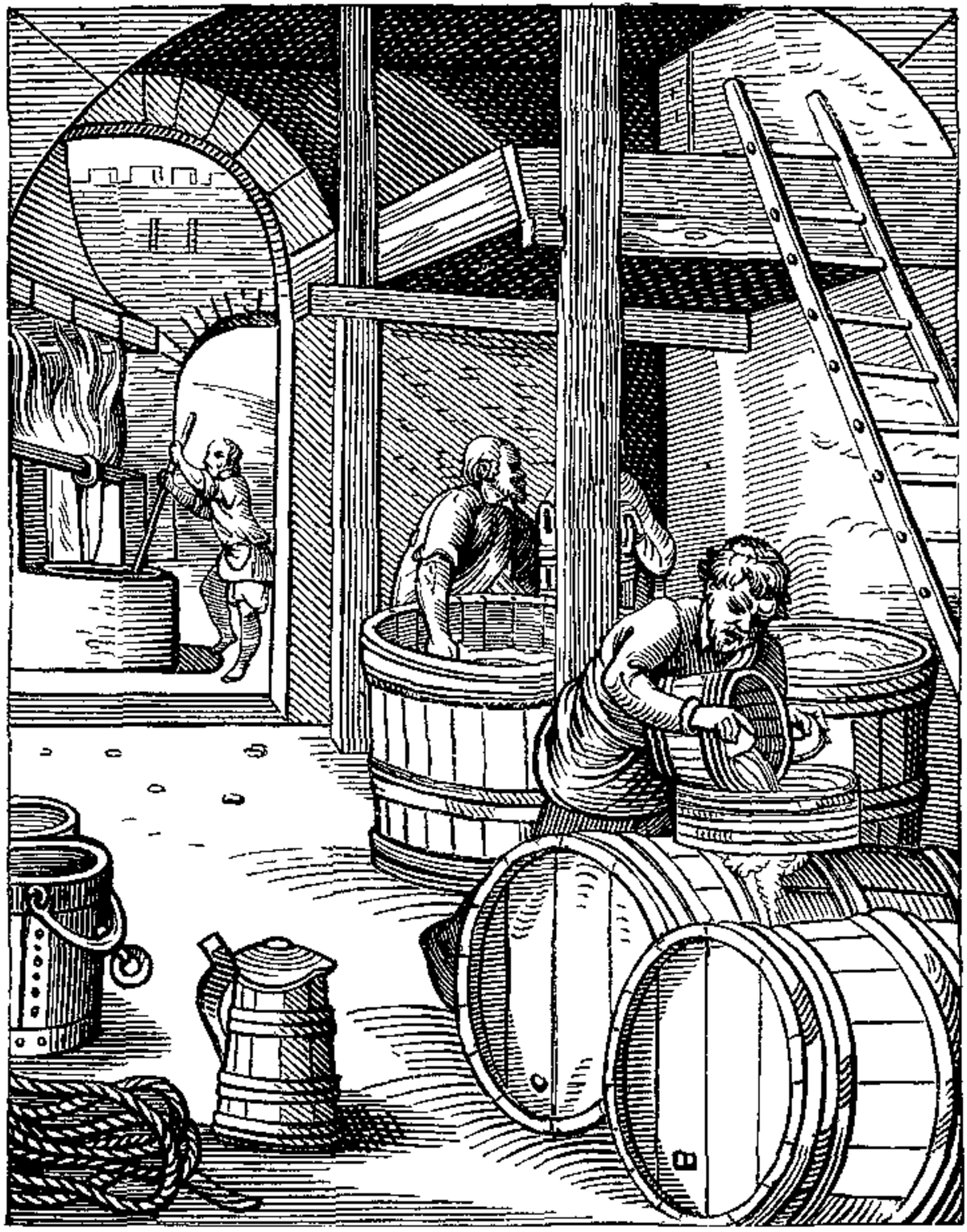 A 16th-century woodcut illustration titled "The Brewer" by J. Amman, depicting various stages of beer production in a historical brewery. Figures are shown stirring large vats, transferring liquid, and handling barrels.