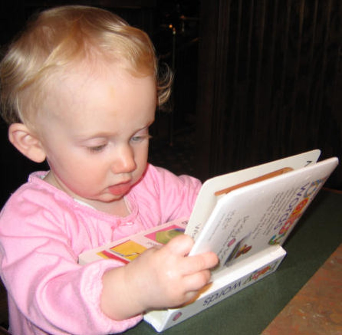 A young child named Kaitlyn with blonde hair is engrossed in reading a small board book. The image highlights how securely attached children are free to concentrate on their environment.