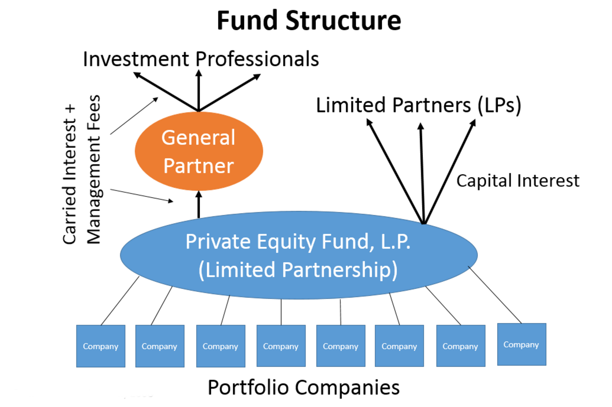 A diagram titled "Fund Structure" illustrates the organization of a private equity or hedge fund, showing Investment Professionals and Limited Partners (LPs) interacting with a General Partner, which manages the Private Equity Fund, L.P. (Limited Partnership). The General Partner receives Carried Interest + Management Fees, and the fund invests in multiple Portfolio Companies, with Limited Partners receiving Capital Interest.