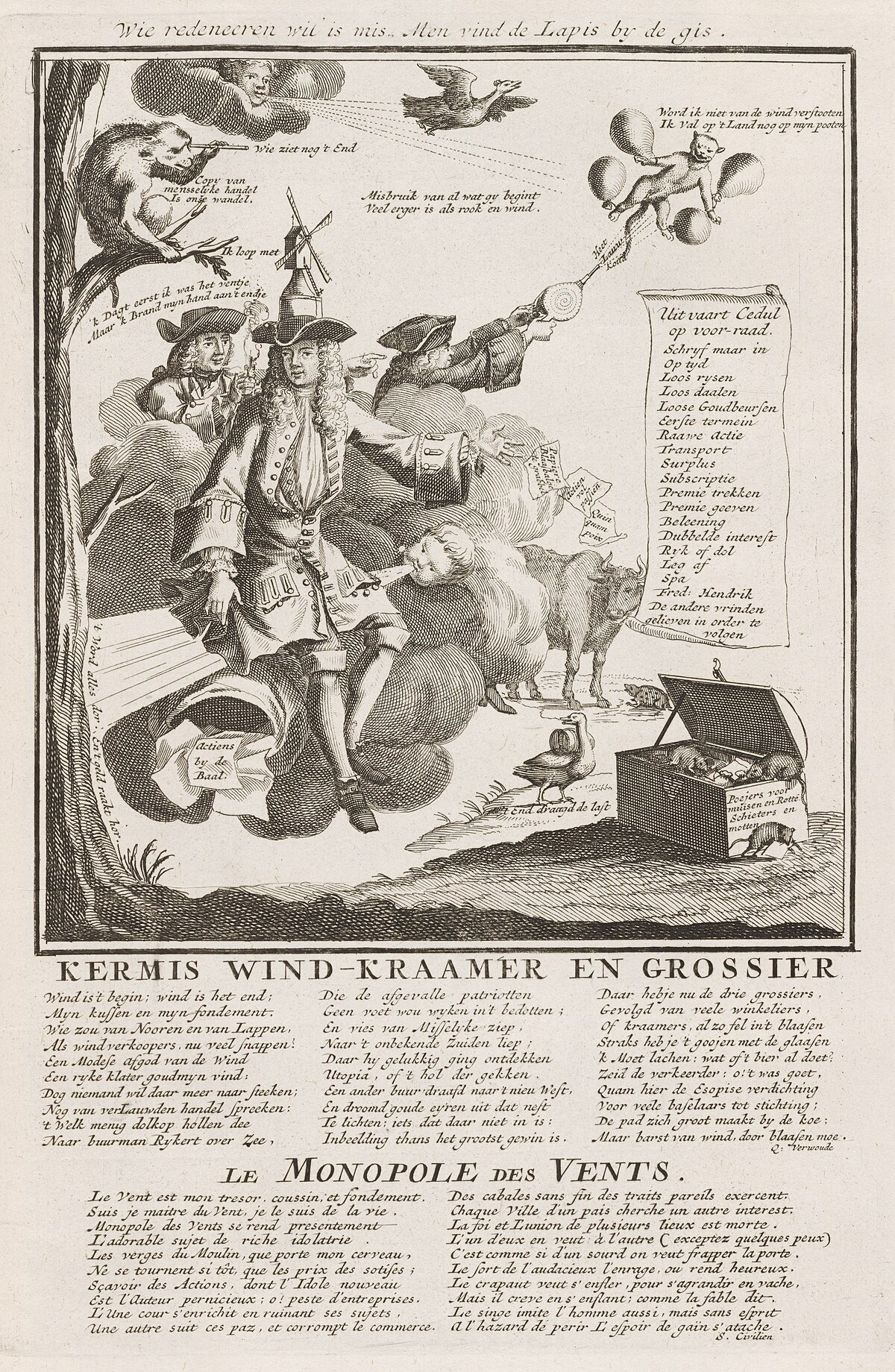 An allegorical engraving titled "Het Groote Tafereel der Dwaasheid" (The Great Theater of Folly) depicting the failure of John Law's Mississippi Company, which led to French national bankruptcy in 1720. The scene features various figures, including a man in period dress on a cloud, surrounded by symbolic elements like windmills, a chest, and flying creatures, with Dutch text at the top and bottom.