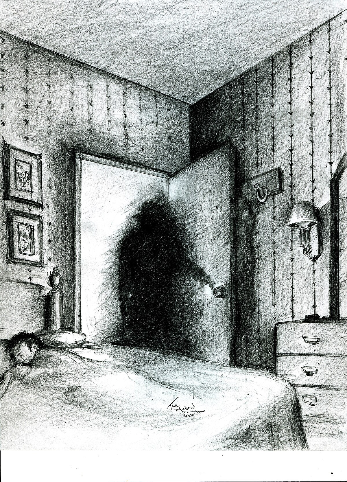 A pencil drawing illustrating a shadow person standing in a doorway of a bedroom, casting a dark, ominous silhouette. The room features a bed, nightstand with a lamp, and a dresser, all rendered in a monochromatic style with visible pencil strokes.