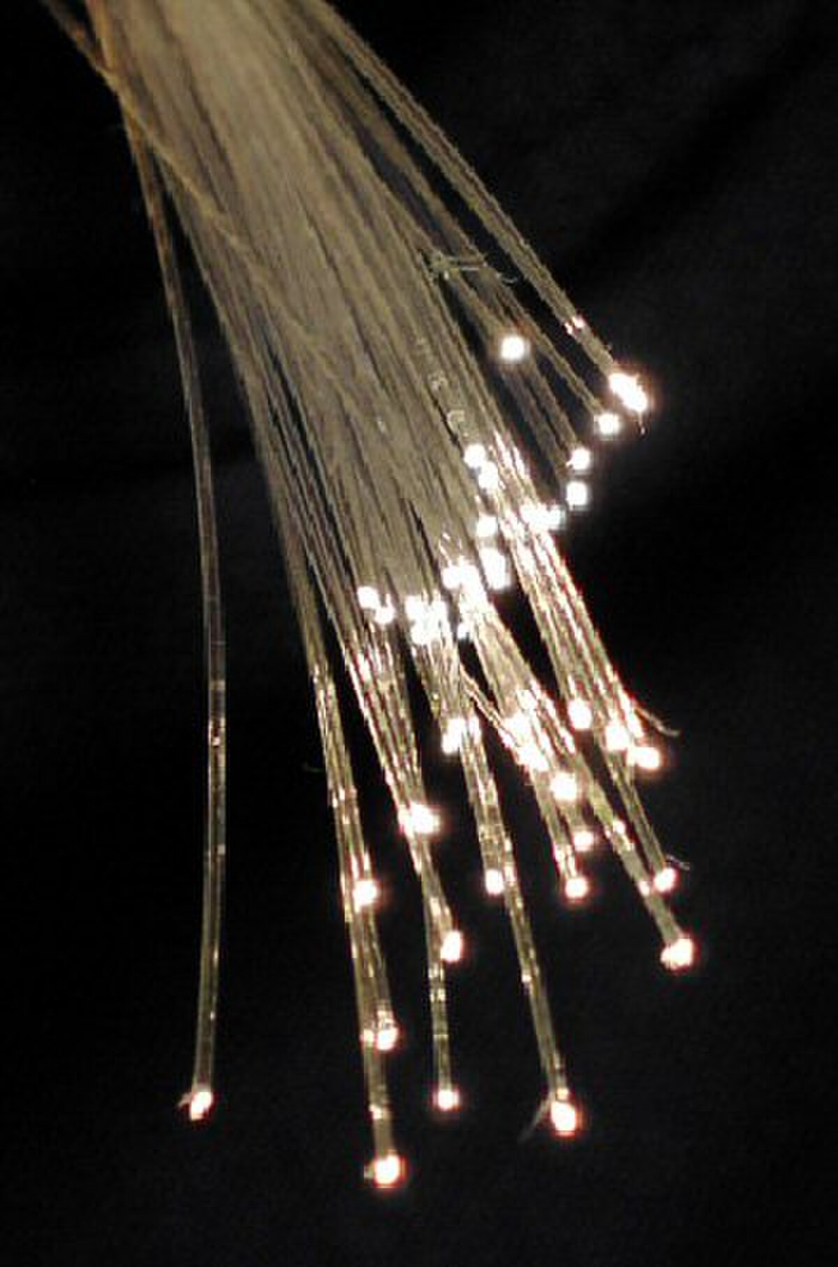 A close-up of a bundle of fiber-optic cables, with light emanating from the ends of several fibers. The cables are translucent and appear white against a dark background.
