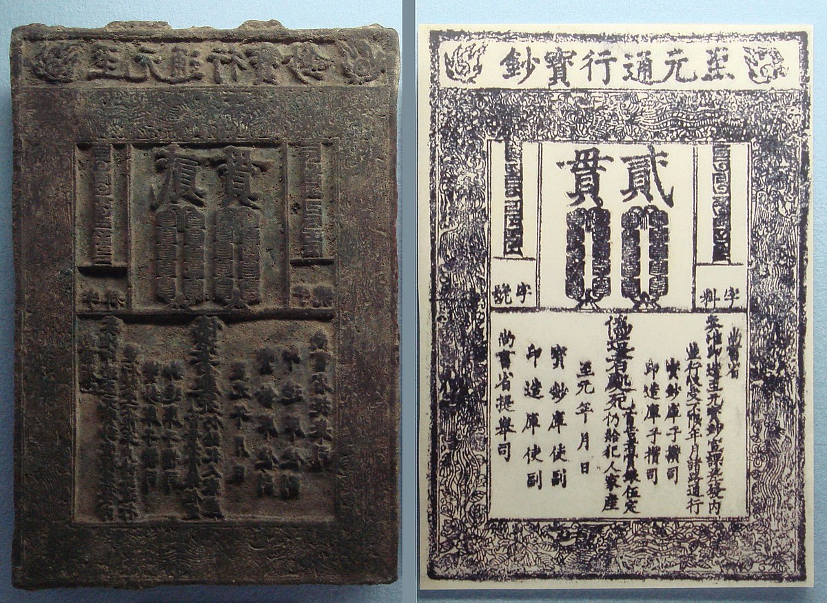 A Yuan dynasty banknote and its printing plate from 1287 are displayed side-by-side. The banknote has a value of "貳貫" (èr guàn), depicting two circular strings of cash coins, and features Chinese text.