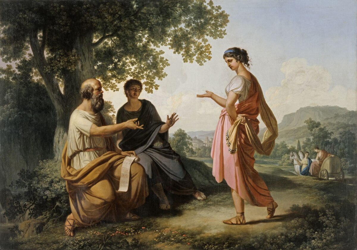 The painting "Socrates with a Disciple and Diotima" by Franz Caucig (1820) shows Socrates and a disciple seated under a tree, engaged in conversation with Diotima, who stands before them. Other figures are visible in the background.