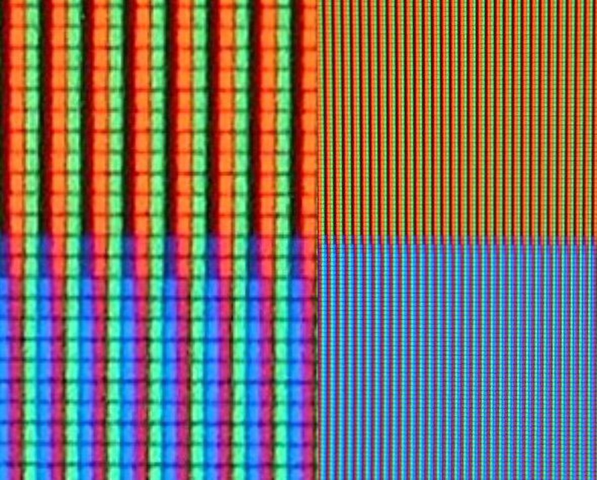 Close-up image of RGB sub-pixels on an LCD TV screen, showing a grid of red, green, and blue vertical stripes. The image is divided into four quadrants, with different arrangements of sub-pixels visible.