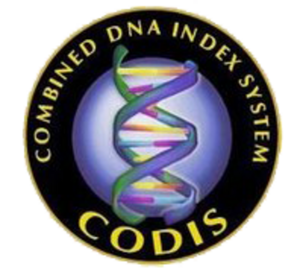 Logo for the Combined DNA Index System (CODIS), featuring a stylized double helix DNA strand within a blue sphere, encircled by a black ring with the words "COMBINED DNA INDEX SYSTEM" and "CODIS" in gold lettering.