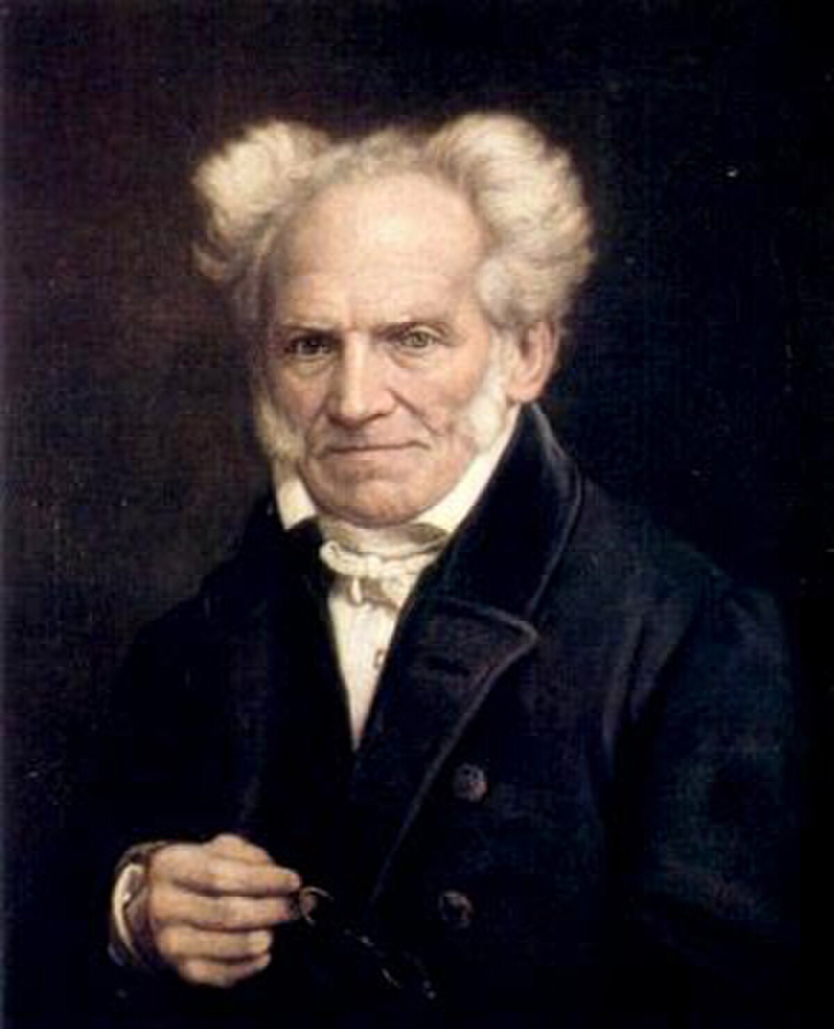 Portrait of Arthur Schopenhauer by Jules Lunteschütz, depicting the philosopher from the chest up. He has white, curly hair, wears a dark coat, a white cravat, and holds a monocle in his right hand.