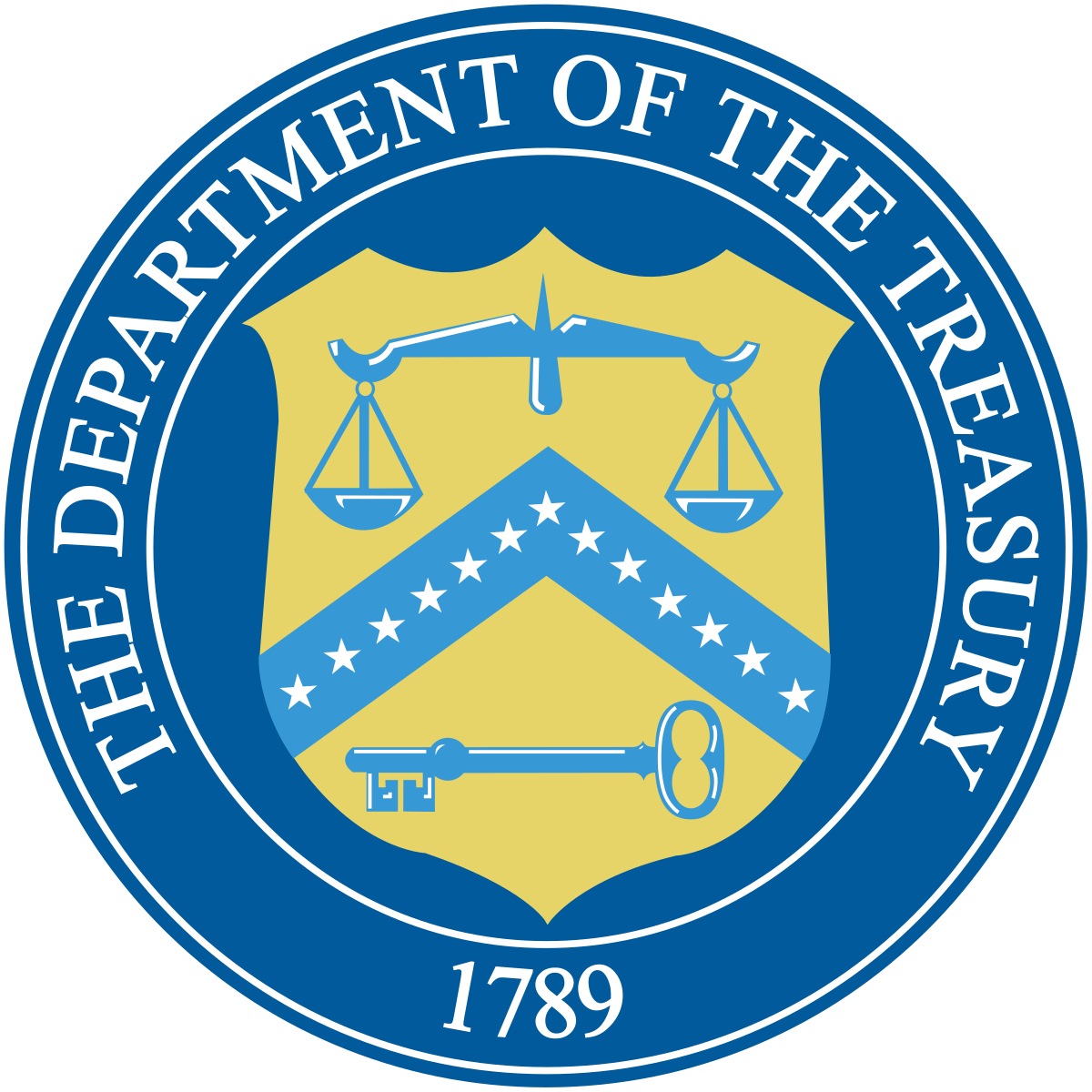 Seal of the United States Department of the Treasury, featuring a blue circular border with the text "THE DEPARTMENT OF THE TREASURY" at the top and "1789" at the bottom. The central shield design includes a balance scale, a chevron with 13 stars, and a key.