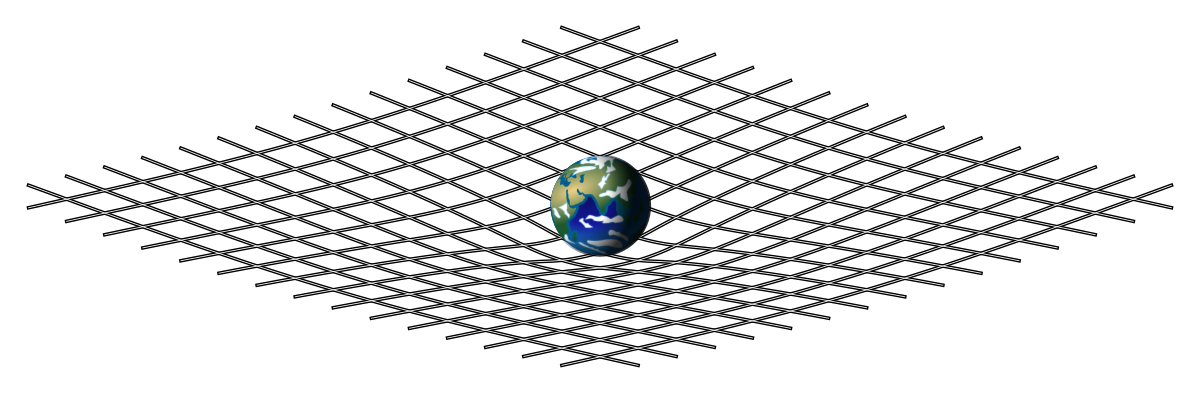 Analogy illustrating spacetime curvature, showing a grid-like lattice distorted by the presence of Earth at its center. The Earth's mass causes the flat grid to curve downwards, representing how mass warps spacetime.