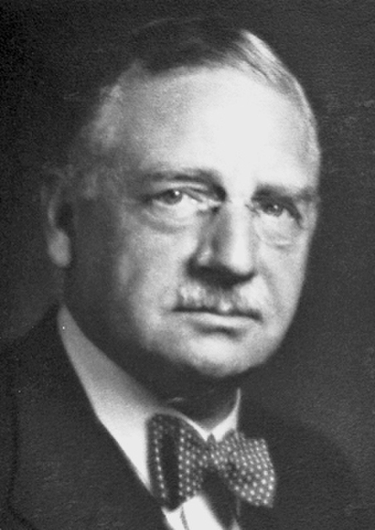 Portrait of Otto Loewi, a man with glasses and a mustache, wearing a suit and a bow tie. He is looking directly at the viewer.