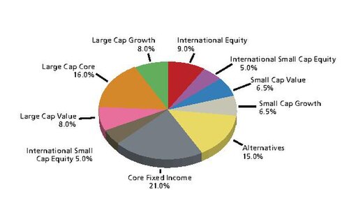 A pie chart illustrating an example investment portfolio with diverse asset allocation. The chart shows various categories such as Large Cap Growth (8.0%), International Equity (9.0%), International Small Cap Equity (5.0%), Small Cap Value (6.5%), Small Cap Growth (6.5%), Alternatives (15.0%), Core Fixed Income (21.0%), International Small Cap Equity (5.0%), Large Cap Value (8.0%), and Large Cap Core (16.0%).