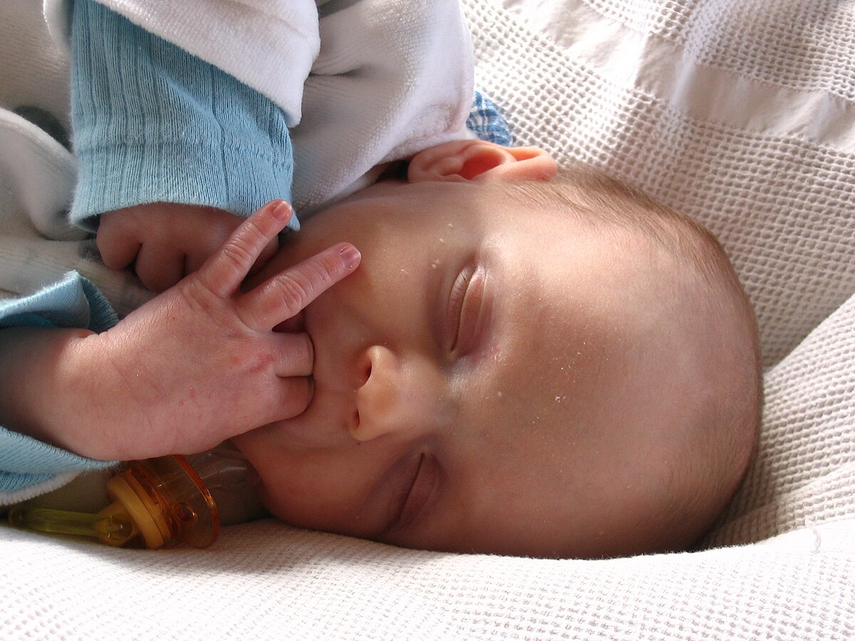 A close-up photograph shows a baby sleeping peacefully, sucking on its fingers. A pacifier is visible near the baby's mouth.