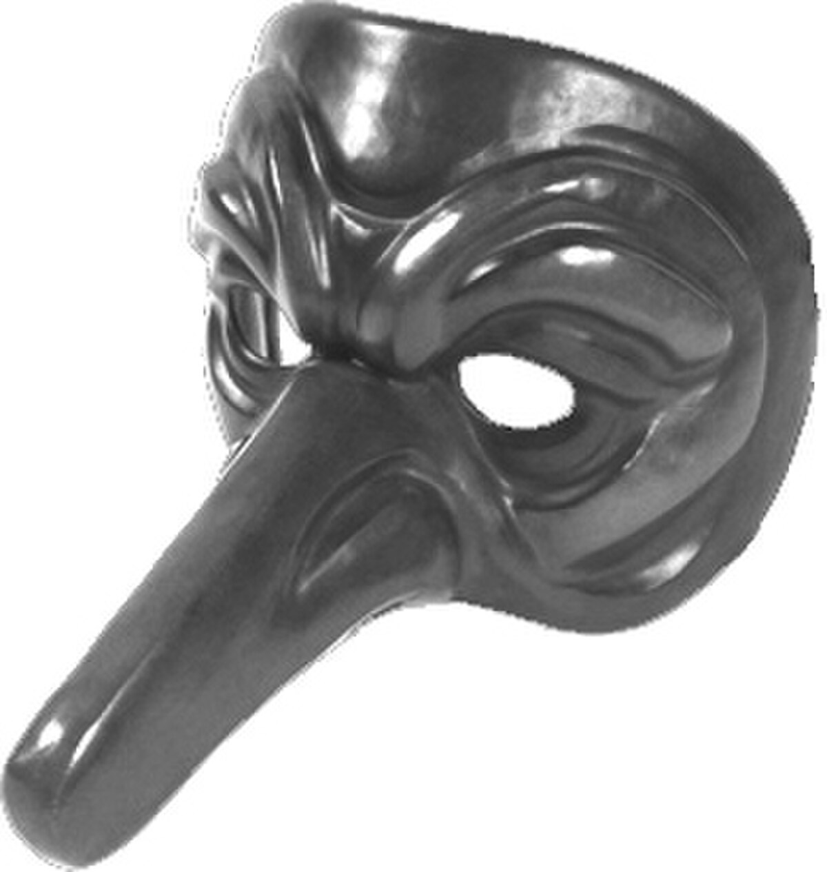 A black mask with a prominent, elongated nose, characteristic of certain commedia dell'arte characters.