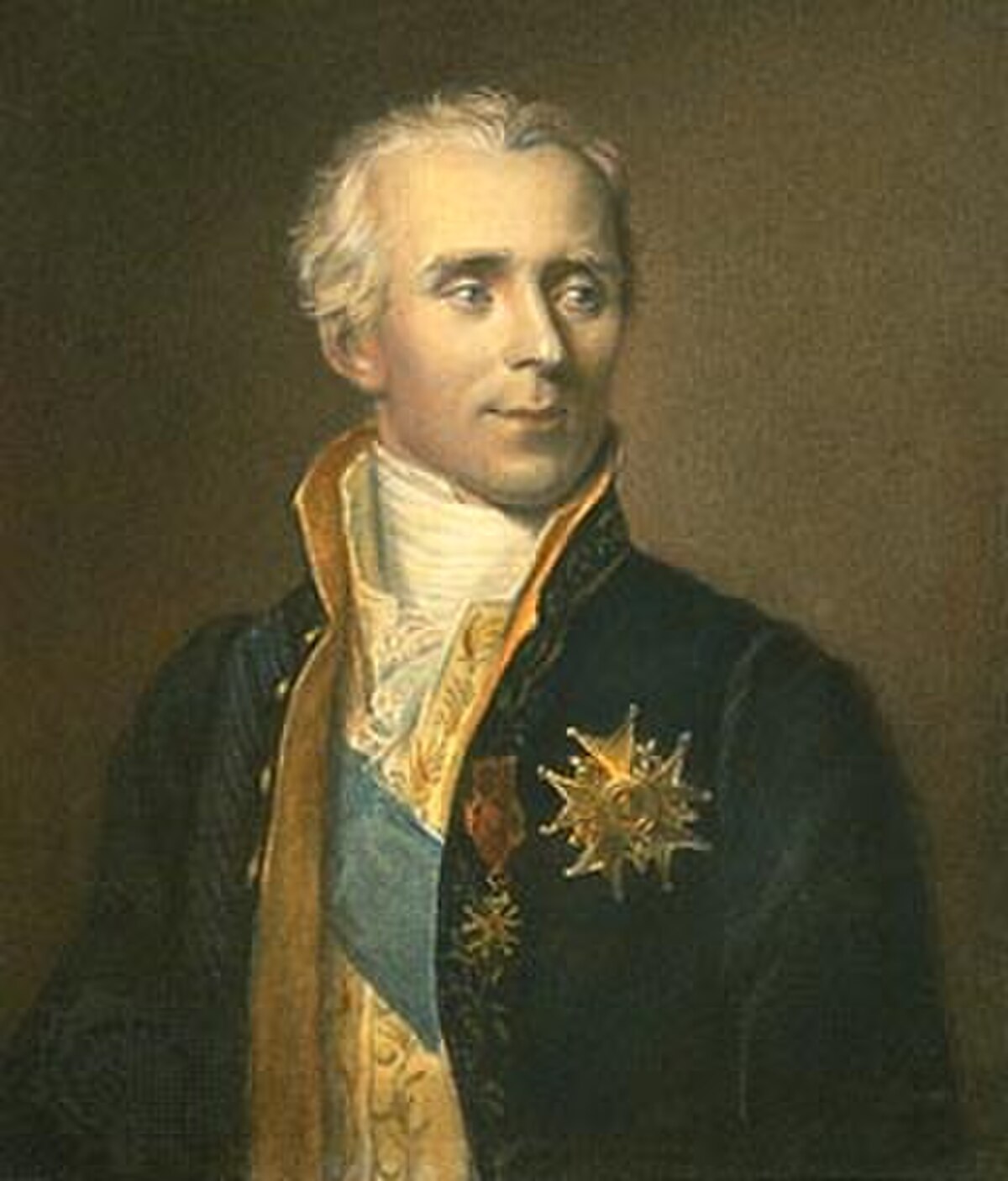 Portrait of French scholar Pierre-Simon de Laplace (1749–1827), depicted in formal attire with a blue sash and a medal on his chest. He has light hair and is looking slightly to the right.