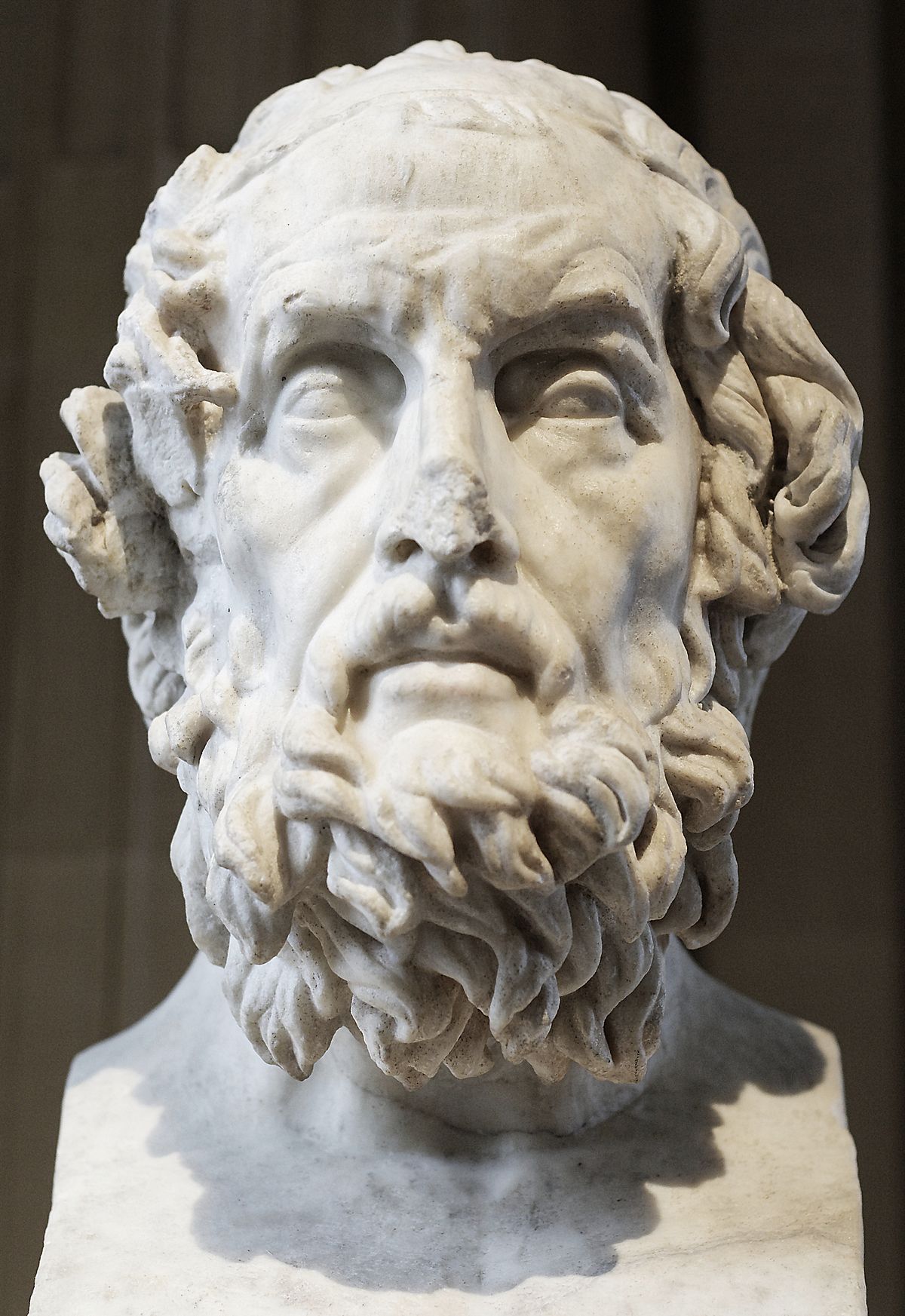 Marble bust of Homer, depicting an older man with a beard, mustache, and curly hair, with sightless eyes. This is the Homeros Caetani bust from the Louvre.