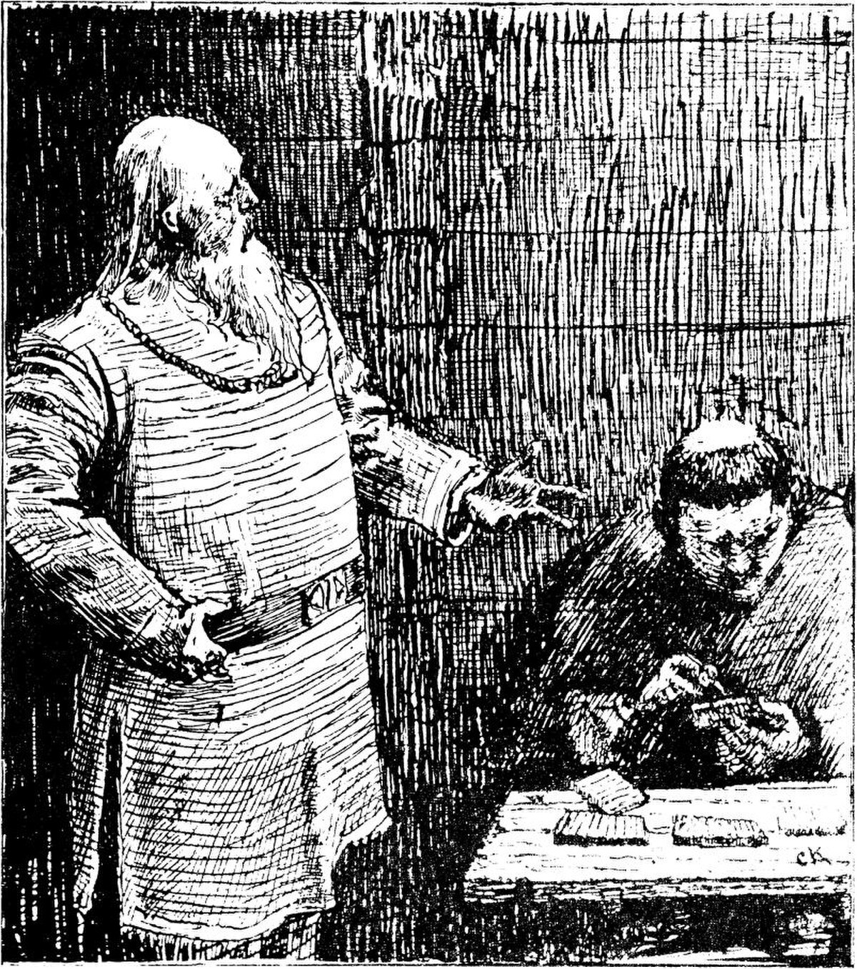 An illustration by Christian Krohg from 1899 depicting Snorri Sturluson, a prominent Icelandic historian and skald, standing and gesturing towards another figure seated at a table. The seated figure appears to be writing or drawing.