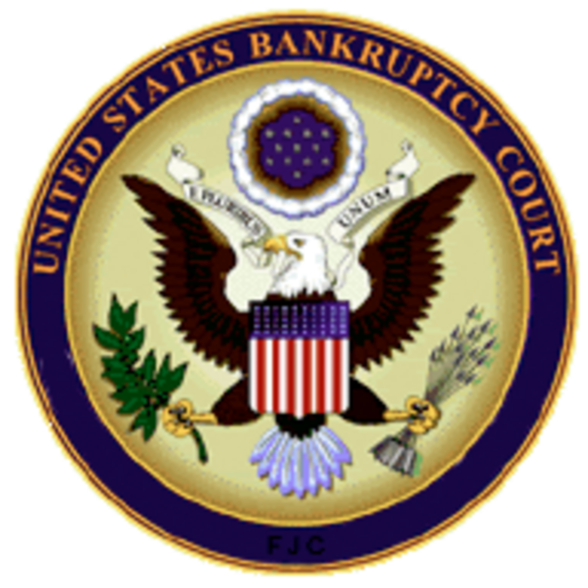The official seal of the United States Bankruptcy Court features a bald eagle holding an olive branch and arrows, with a shield displaying red and white stripes and a blue field of stars. The eagle is surrounded by a banner reading "E PLURIBUS UNUM" and the outer ring states "UNITED STATES BANKRUPTCY COURT."
