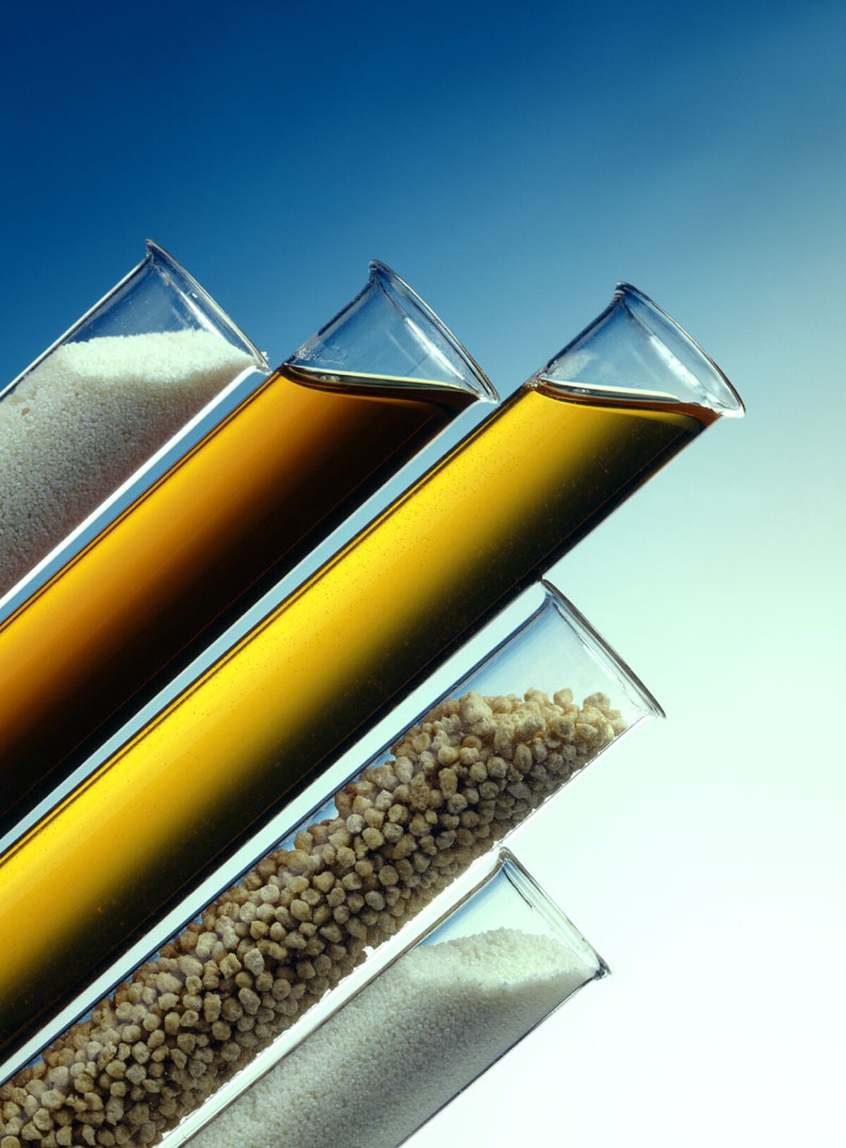 Four tilted test tubes display different forms of the emulsifier lecithin: powder, two different concentrations of liquid, and granular. From top to bottom, the test tubes contain white powder, a dark amber liquid, a lighter amber liquid, and light brown granules.