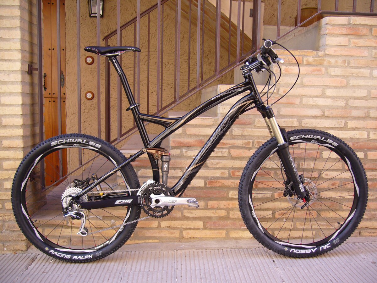 A 2008 Specialized Stumpjumper full suspension mountain bike is parked against a brick wall. The bike has a black frame with gold accents, full suspension, and "Schwalbe" tires.