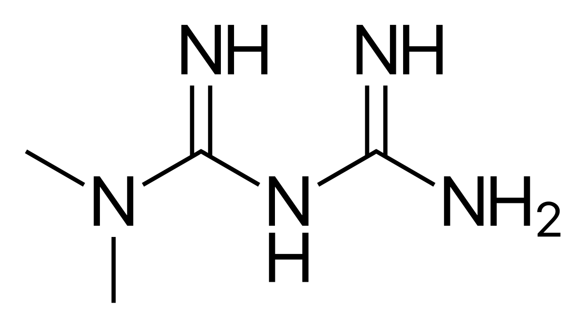 Chemical structure diagram of Metformin, showing its molecular arrangement with carbon, nitrogen, and hydrogen atoms. The structure features two guanidine groups linked by a central nitrogen atom.