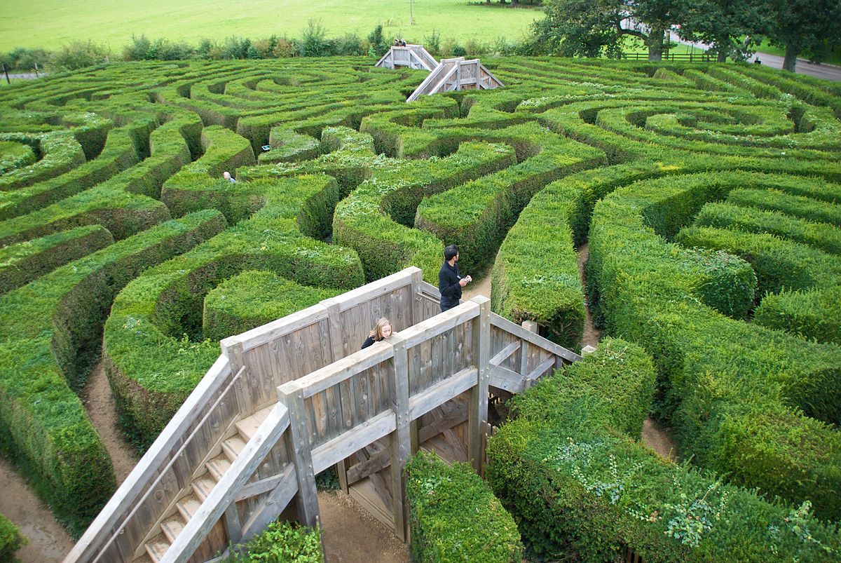 An aerial view of the Longleat maze, a large hedge maze with intricate pathways and tall green hedges. Two people are visible on a wooden bridge within the maze, looking down at the winding paths.