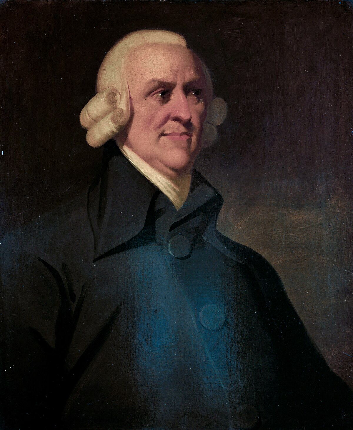 Portrait of Adam Smith, a man with powdered white hair, wearing a dark coat and white cravat. He is depicted looking slightly to the right.