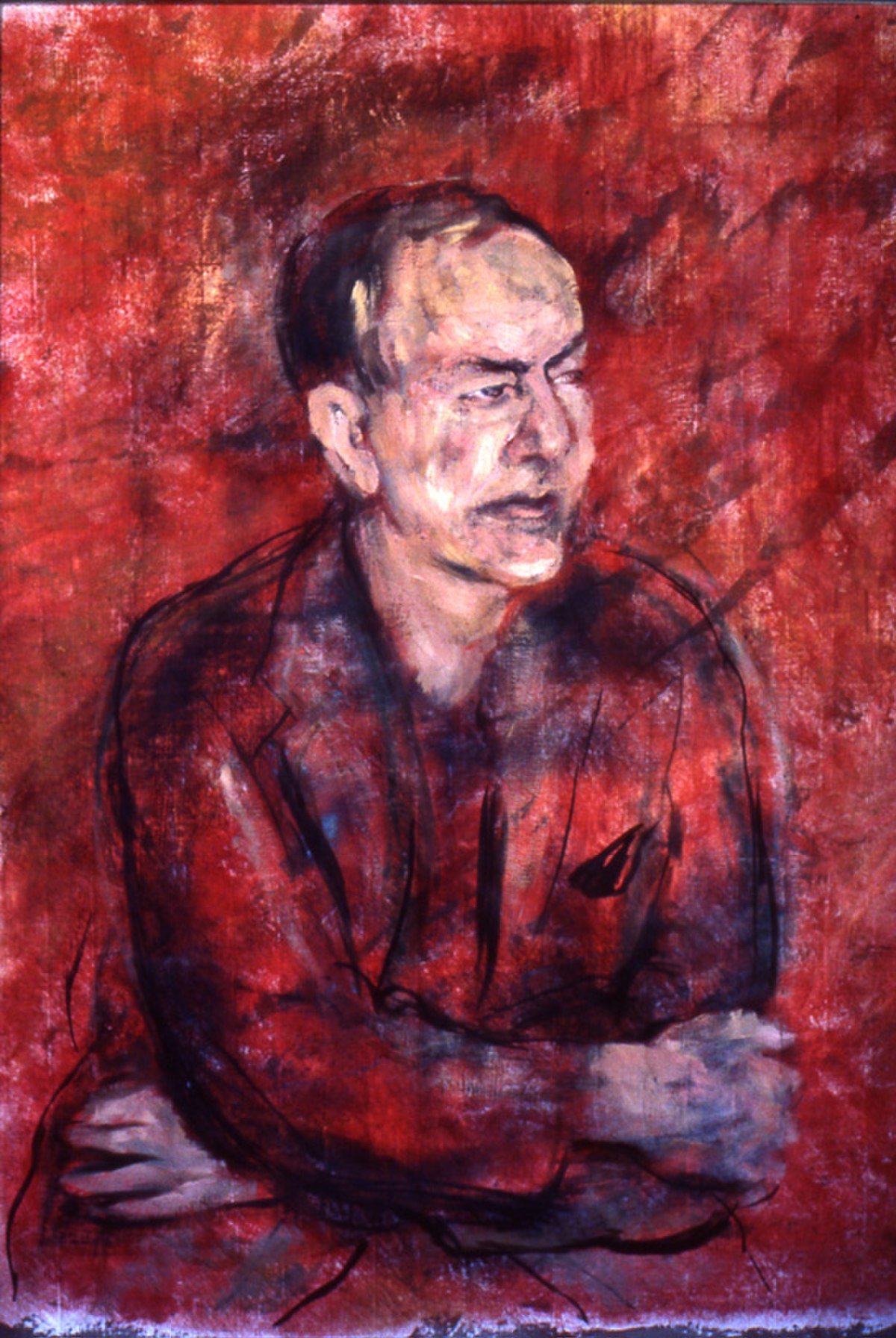 Painting of Herbert A. Simon, a man with short dark hair, wearing a red and black patterned jacket, against a red background. He is depicted looking to the right with his arms crossed.