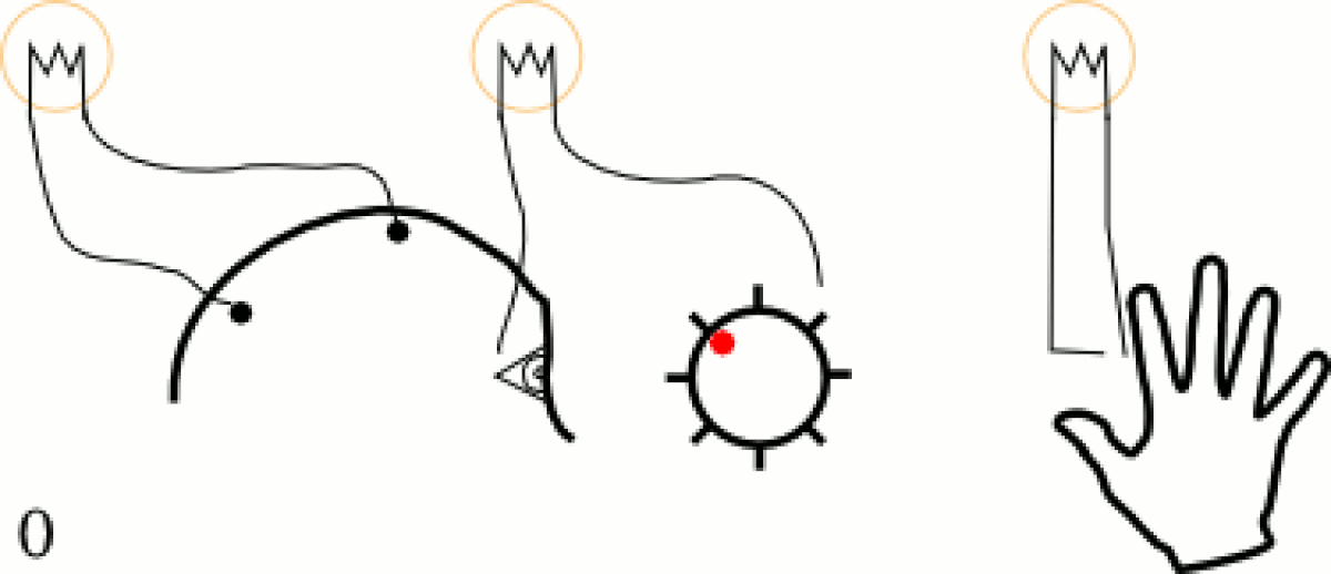 Diagram illustrating Libet's experiment on free will, showing three stages: EEG measures Readiness potential at -500 ms, a person notes the position of a dot when deciding at -200 ms, and the act occurs at 0 ms. The diagram includes a head with EEG electrodes, a clock-like device with a red dot, and a hand.