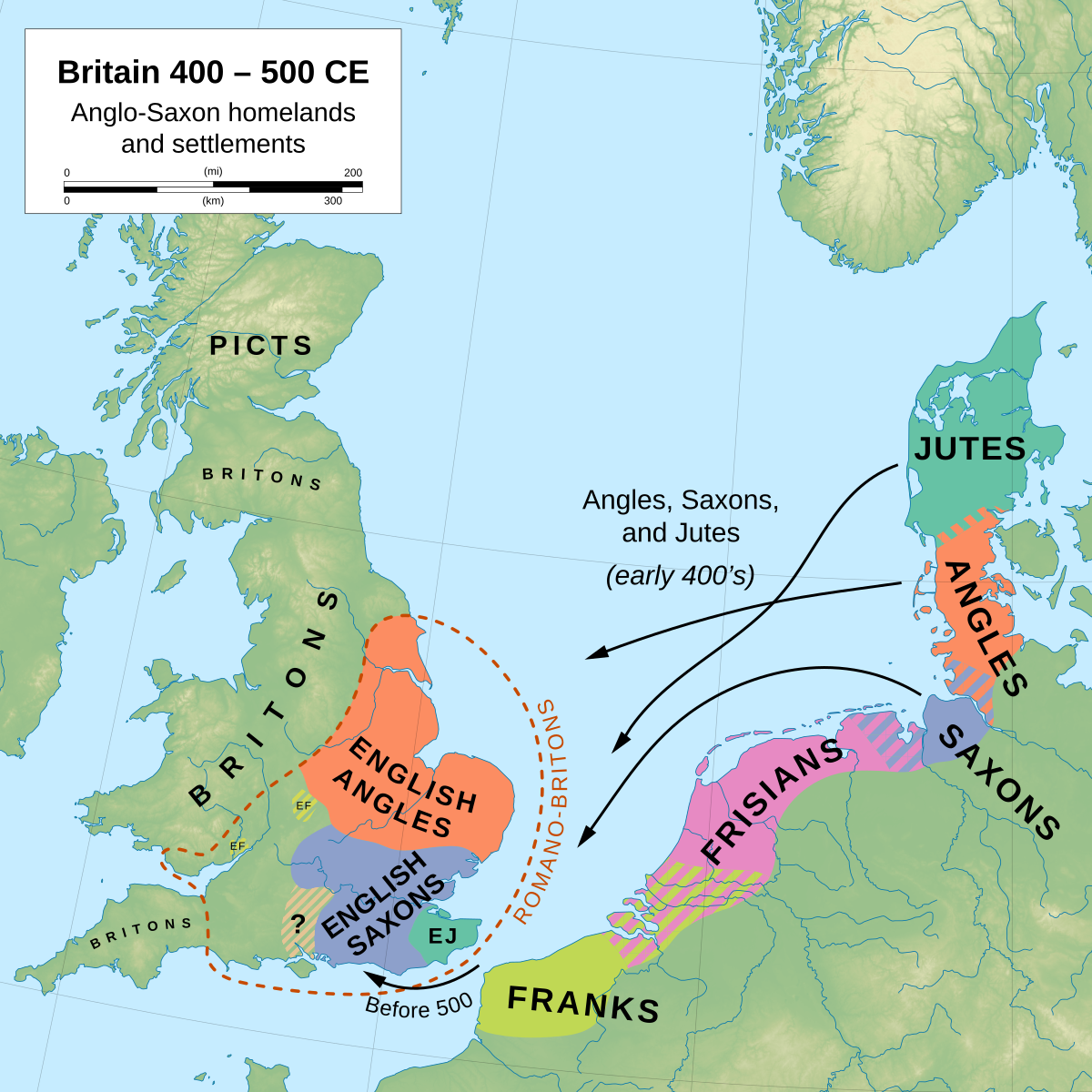 Map titled "Britain 400, 500 CE Anglo-Saxon homelands and settlements" showing the early migrations of Germanic peoples from northern Europe to Britain. The map indicates the homelands of the Jutes, Angles, Saxons, and Frisians, with arrows showing their migration routes to areas of modern-day England, where they settled as English Angles and English Saxons.