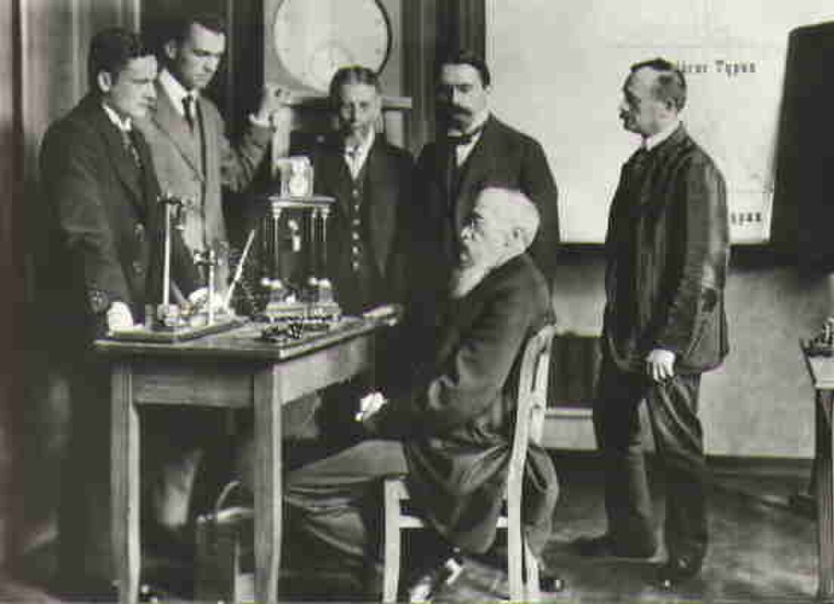 Wilhelm Wundt (seated) with five colleagues in his psychological laboratory, often considered the first of its kind. They are gathered around a table with various scientific instruments, and a large clock or gauge is visible on the wall behind them.
