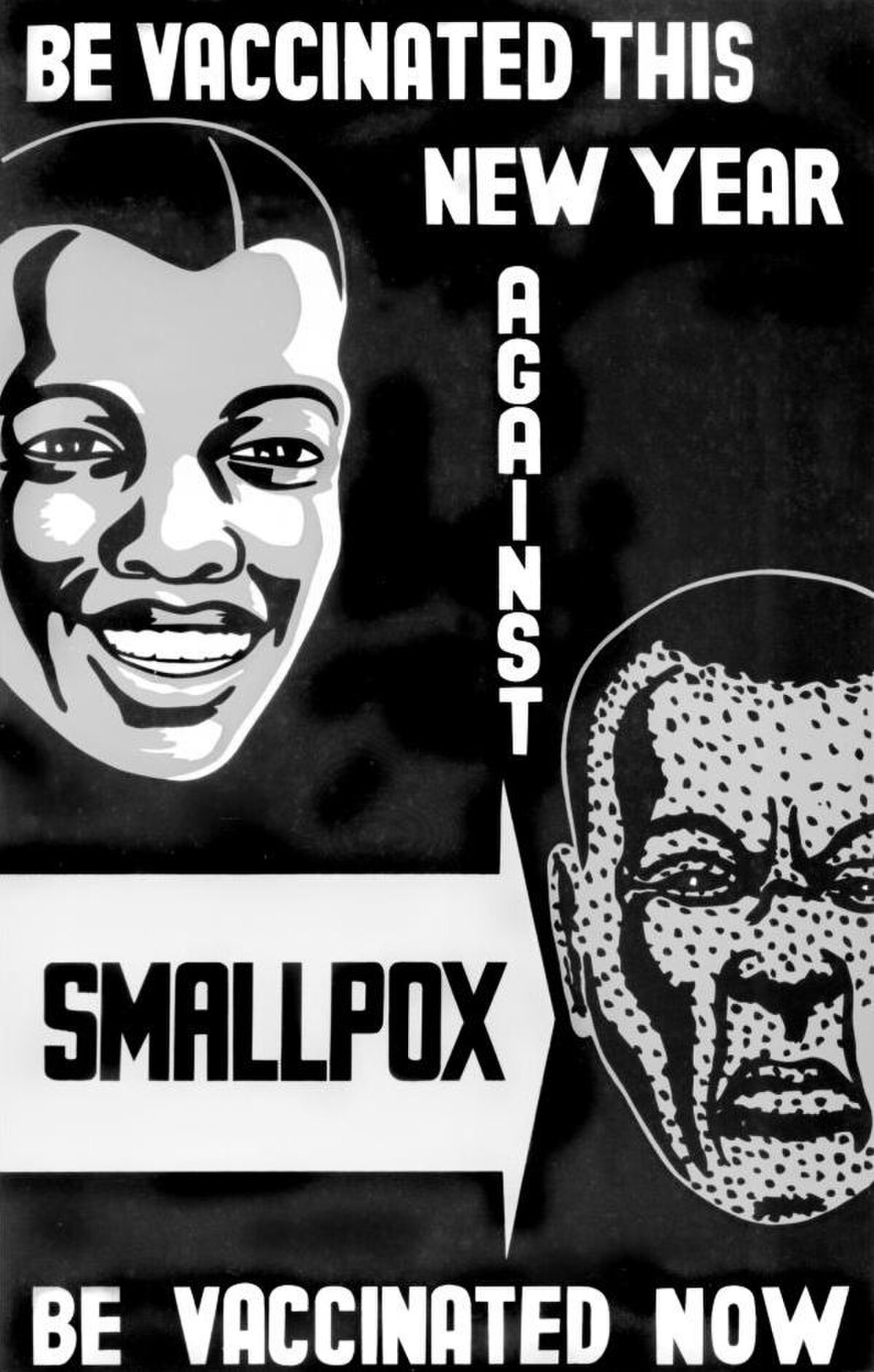 Black and white poster from Lagos, Nigeria, promoting smallpox vaccination in 1979. The poster features two faces: a smiling, healthy face on the left and a pockmarked, distressed face on the right, with text reading "BE VACCINATED THIS NEW YEAR AGAINST SMALLPOX BE VACCINATED NOW".
