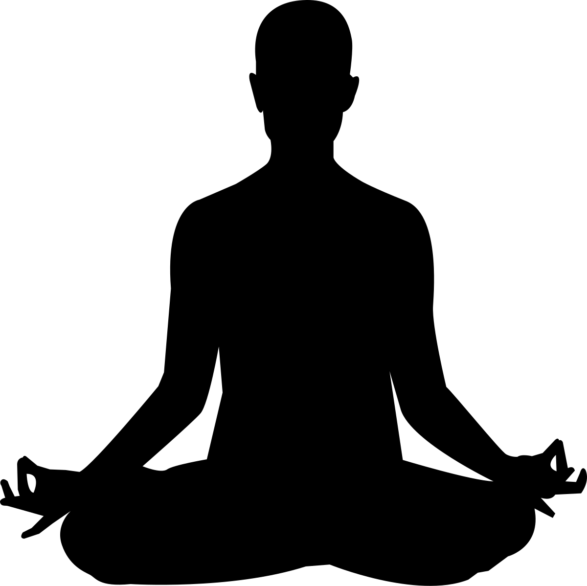 A black silhouette of a person in the lotus position, a cross-legged meditative pose, with hands resting on knees in a mudra.
