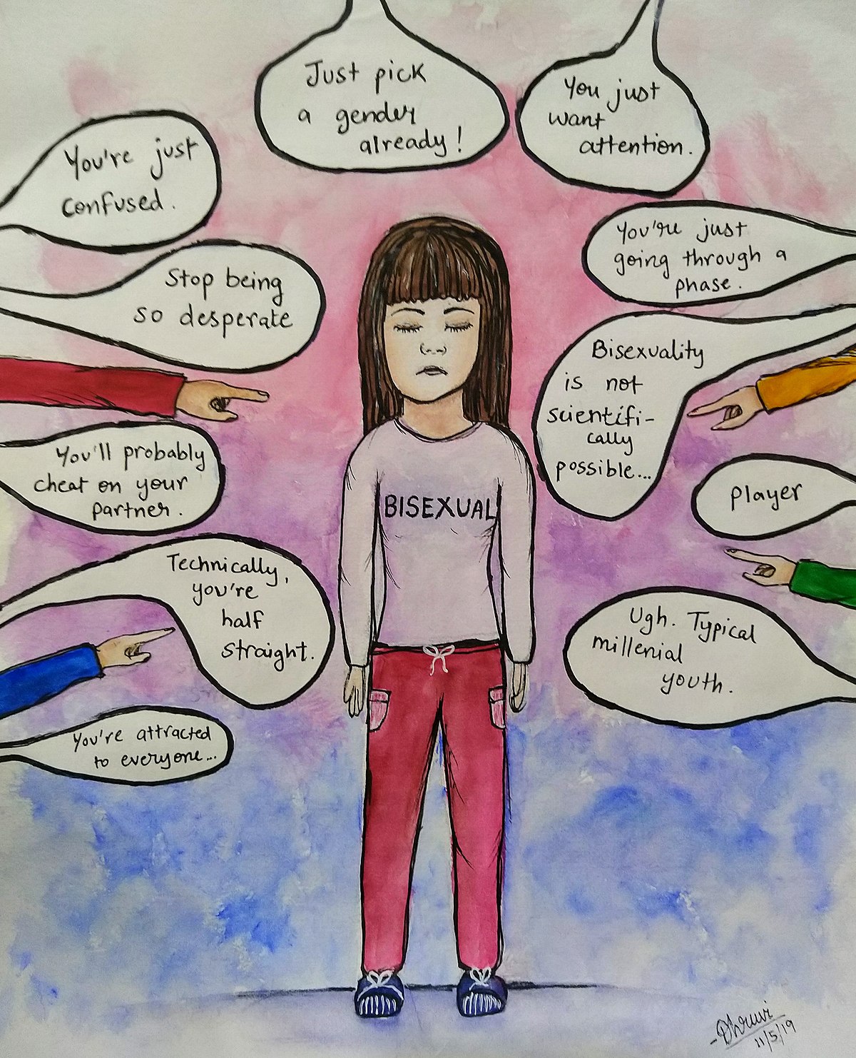 An illustration depicting social stigma and discrimination against bisexuals, with a central figure labeled "BISEXUAL" surrounded by speech bubbles and pointing hands. The speech bubbles contain common stigmatizing phrases such as "You're just Confused," "Just pick a gender already!," "You just want attention," "You're just going through a phase," "Bisexuality is not scientifically possible...", "Player," "Ugh. Typical millennial youth.", "Technically, you're half straight.", "You'll probably cheat on your partner.", "Stop being so desperate," and "You're attracted to everyone...". The illustration is dated 11/5/19.