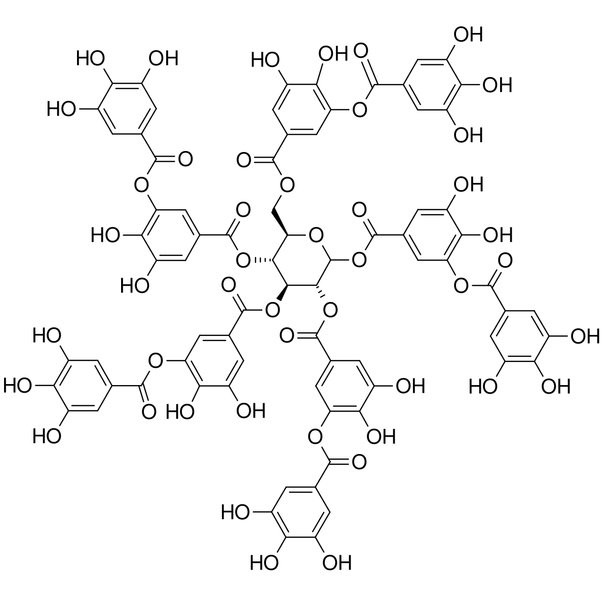 Chemical structure of tannic acid, a complex polyphenol, showing a central glucose core esterified with multiple galloyl groups, which are further esterified with additional gallic acid units.