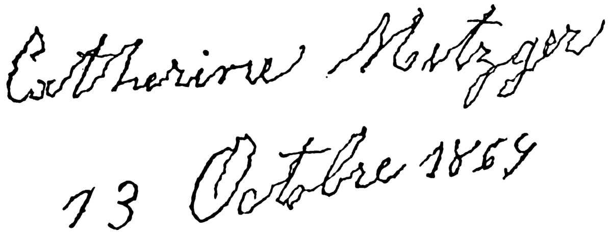 Handwritten text by a Parkinson's disease patient, showing the name "Catherine Metzger" and the date "13 Octobre 1869" in a shaky, irregular script. The writing exhibits micrographia, a common symptom of the disease.