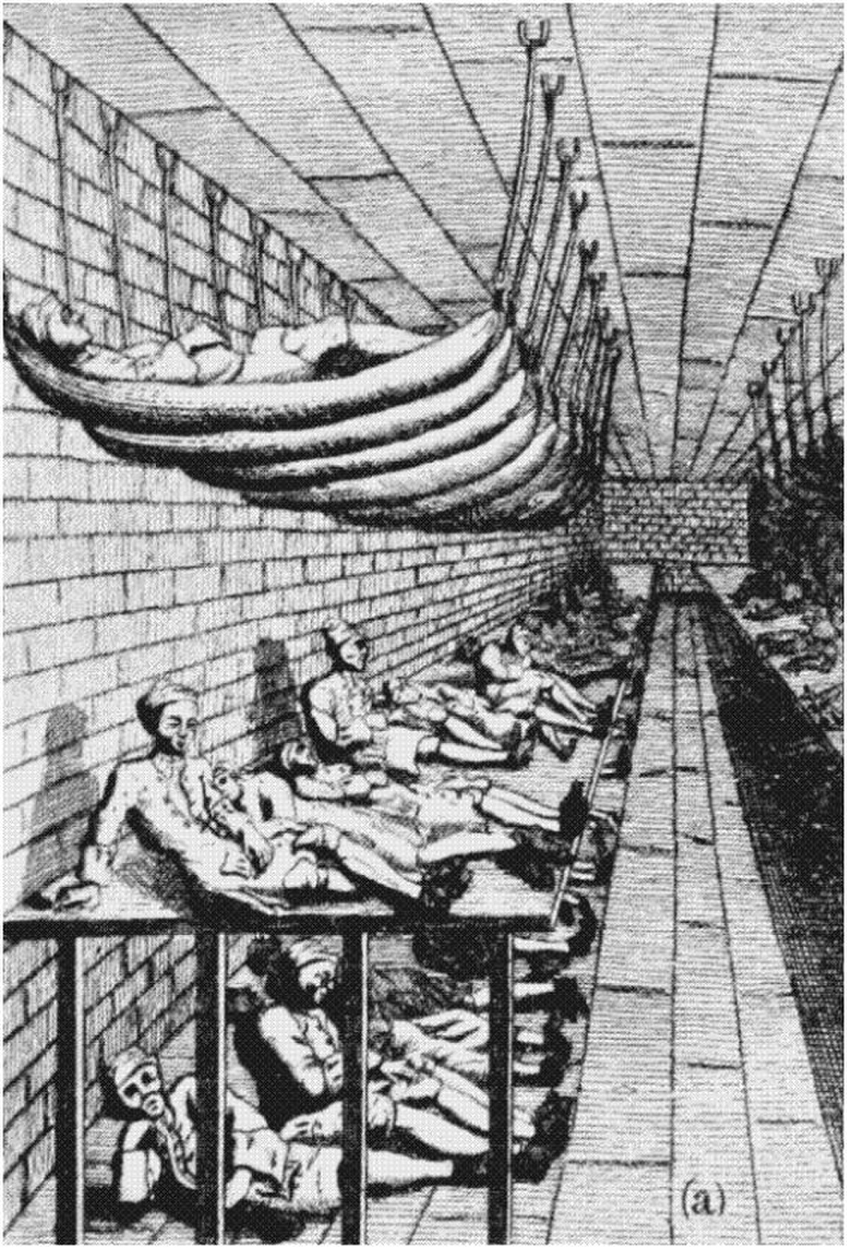 An illustration depicts the sick men's ward at Marshalsea debtors' prison, showing several men lying in hammocks suspended from the ceiling and on beds on the floor. The men appear ill and are confined within a brick-walled room.