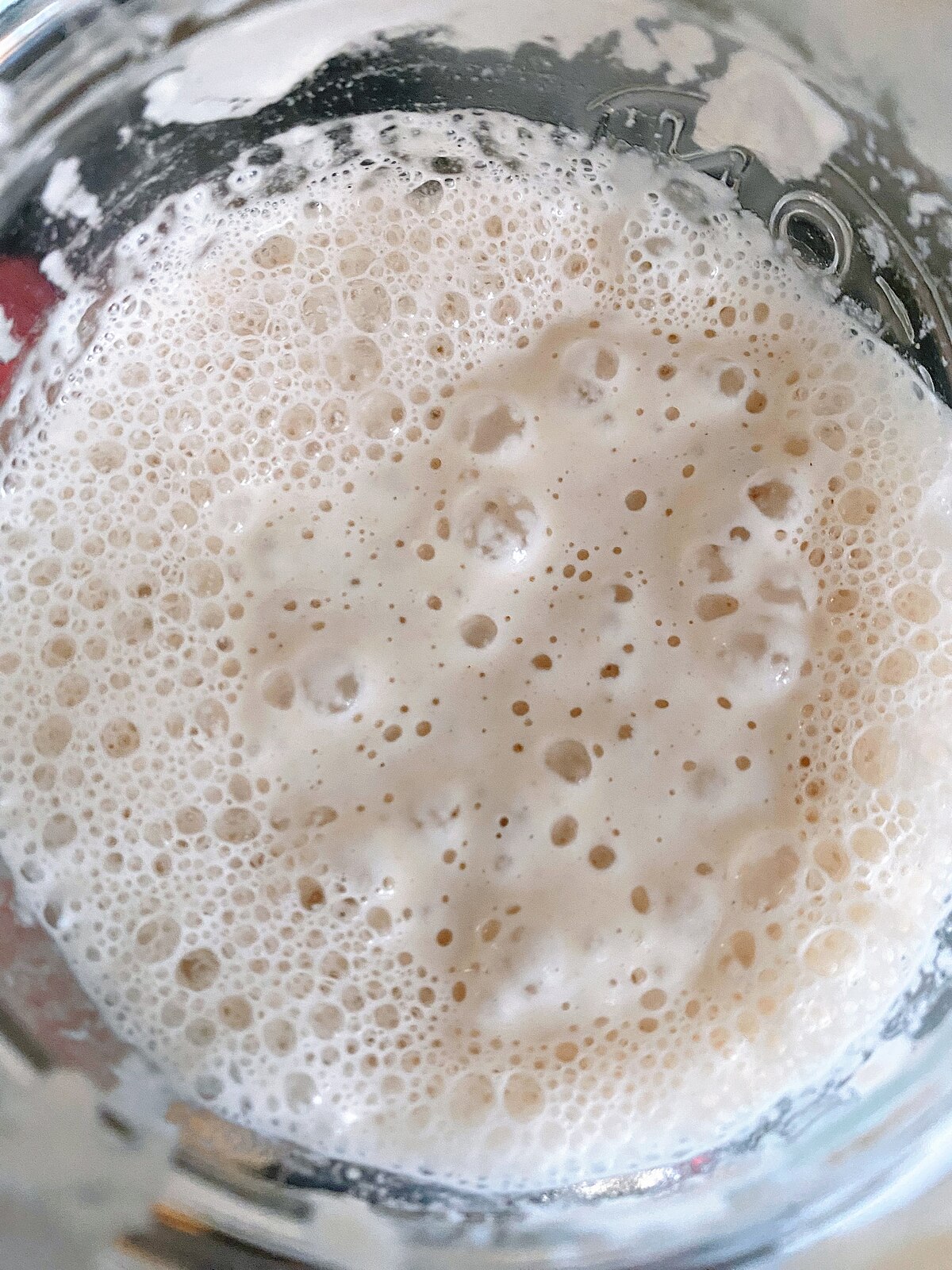 A close-up, overhead view of an active sourdough starter in a glass jar, characterized by numerous small and large bubbles on its surface.