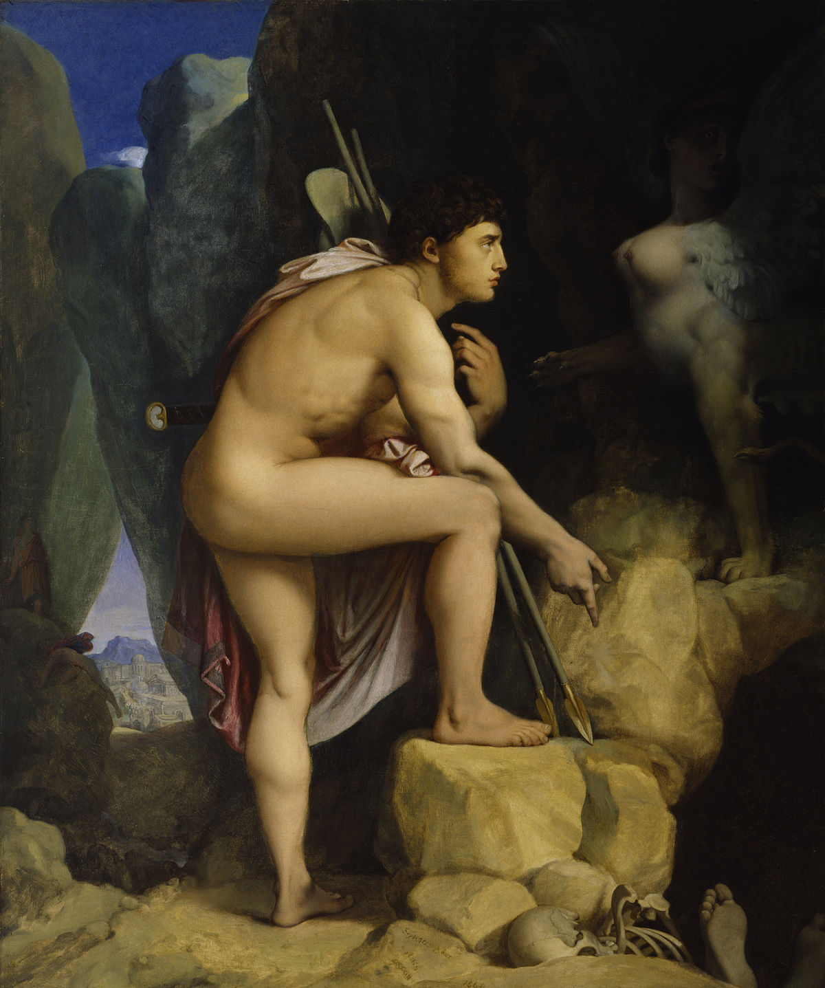Painting by Jean-Auguste-Dominique Ingres titled "Oedipus and the Sphinx," depicting Oedipus after solving the Sphinx's riddle. Oedipus stands nude, leaning on a rock, looking towards the Sphinx perched on a ledge in a cave, with human bones scattered at his feet.