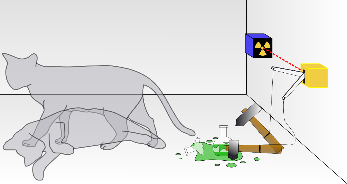 Illustration of Schrödinger's cat paradox, showing a cat inside a box with a flask of poison, a radioactive source, and a Geiger counter. The cat is depicted in a superposition of both alive and dead states, represented by overlapping outlines.