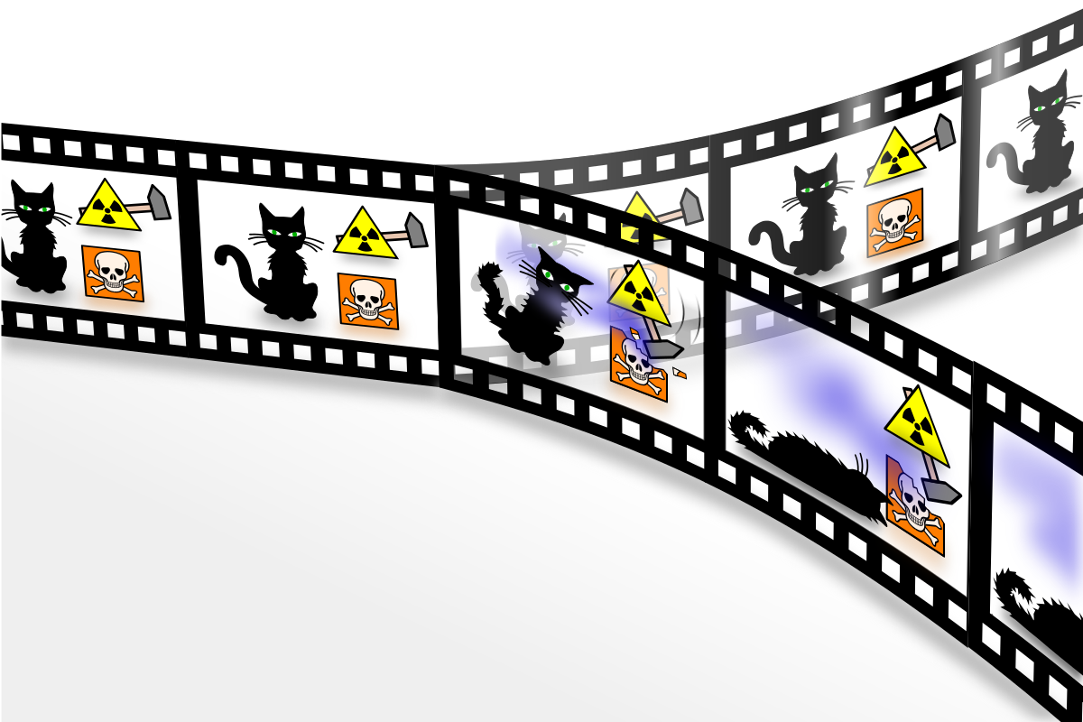 Illustration of Schrödinger's cat paradox according to the many-worlds interpretation, depicted as two diverging film strips. One strip shows the cat alive and well, while the other shows the cat dead, with both outcomes existing in parallel realities.