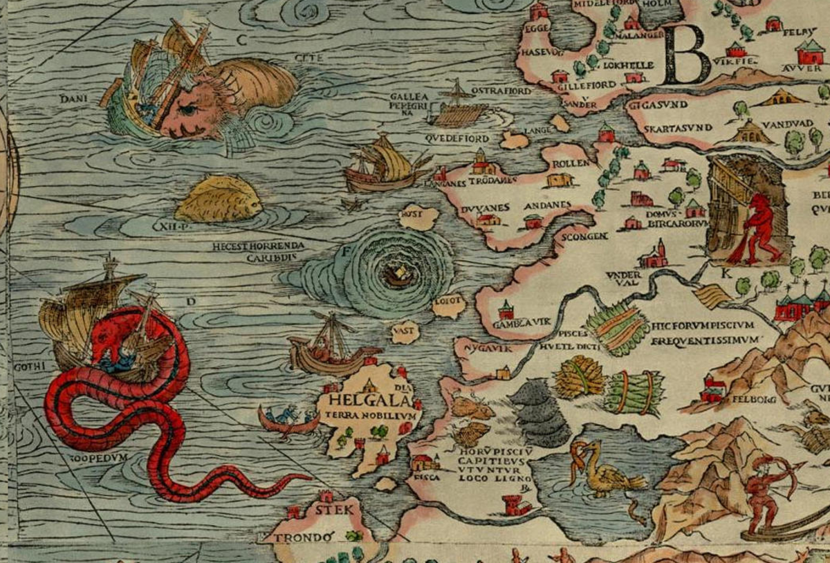 A historical map illustration from Olaus Magnus's Carta Marina (1539) depicting a maelstrom off the coast of Norway, with ships being pulled into a large spiral whirlpool. The map also shows various mythical sea creatures, including a large red serpent and a fish-like monster, alongside coastal settlements and land features with labels such as "HELGALAND" and "NORVEGIA".