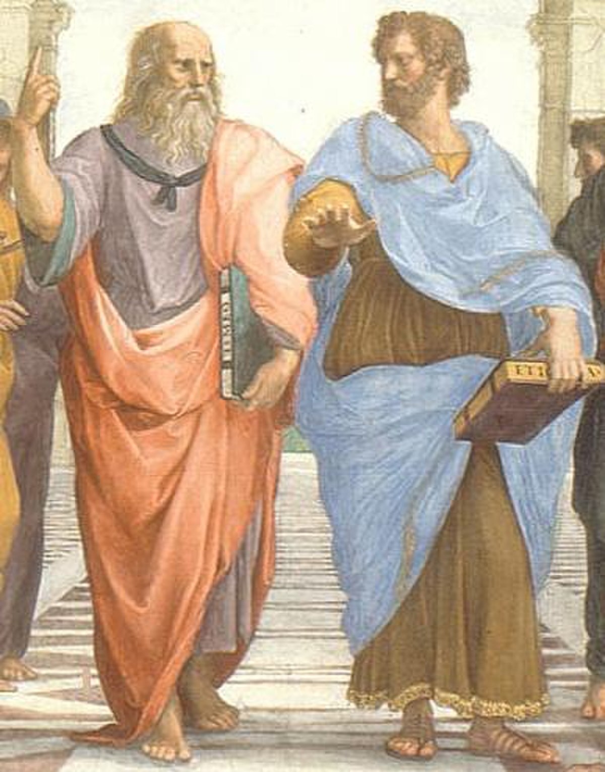 Detail from Raphael's "The School of Athens" (1509), showing Plato (left) and Aristotle (right) walking together. Plato, with a long white beard, points upwards and holds a book, while Aristotle, with a brown beard, gestures forward and holds a book.