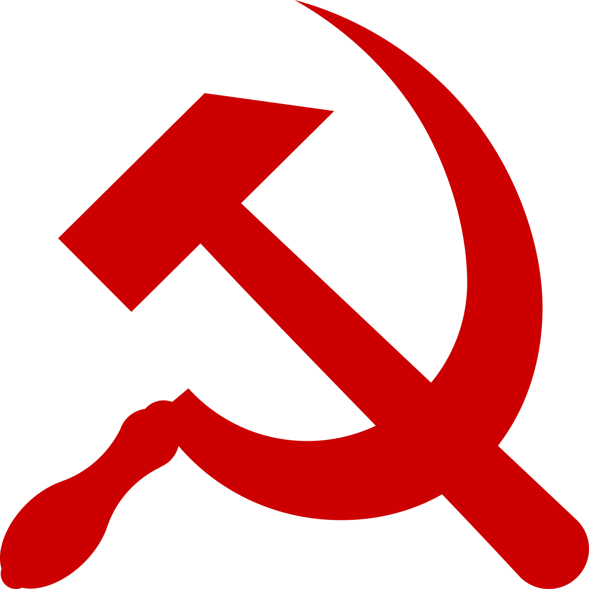 Red hammer and sickle emblem, a symbol of communism. The hammer and sickle are crossed, with the hammer head facing left and the sickle blade curving upwards to the right.