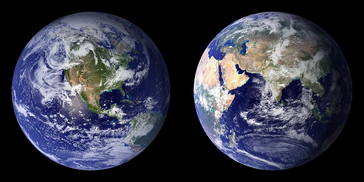 Two satellite images of Earth, known as Blue Marble, show the Western Hemisphere (left) and the Eastern Hemisphere (right). The images highlight the vast expanse of oceans and continents, with visible cloud cover.