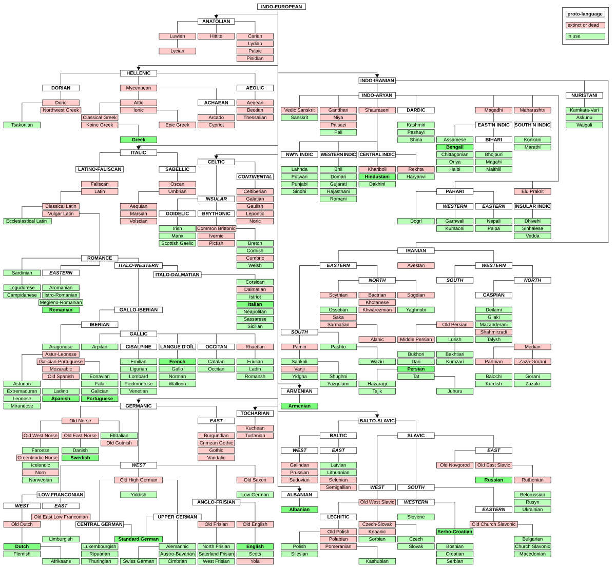 A detailed Indo-European language family tree, showing the relationships and divergence of various language branches. Languages are color-coded: green for living languages, pink for extinct languages, and light green for Old Irish.