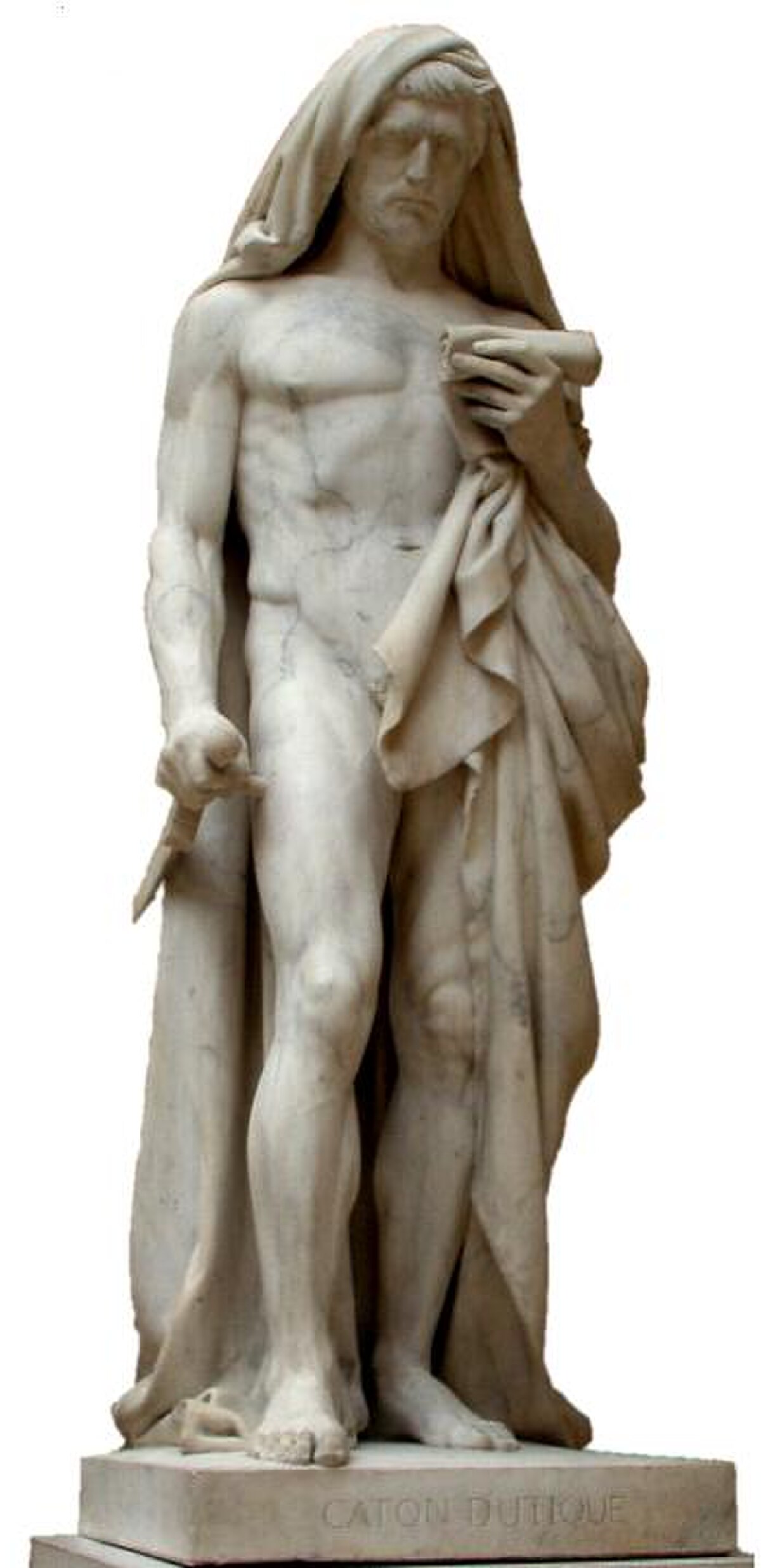 A white Carrara marble statue of Cato the Younger, created by Jean-Baptiste Roman and finished by François Rude, depicts him about to kill himself while holding a scroll. The statue is titled "CATON D'UTIQUE" on its base.